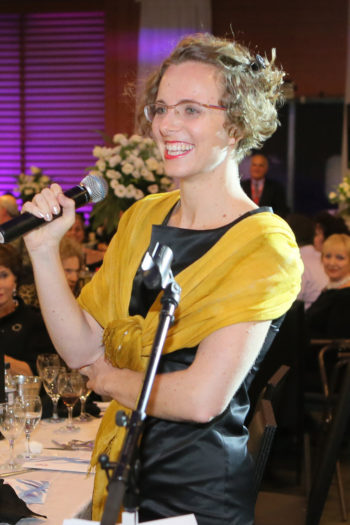 Hannah Pollin-Galay presenting a $10 million gift to Hadassah on behalf of her grandmother, Irene Pollin, at Hadassah's 100th anniversary convention in Jerusalem, Oct. 17, 2012.  (Courtesy of Hadassah)