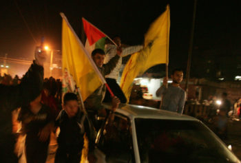 Palestinians celebrating in the streets of Gaza as Israel and Hamas agreed cease-fire to halt an eight-day conflict, Nov. 21, 2012.  (Abed Rahim Khatib/Flash 90)