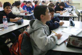 Israeli middle-schoolers, shown studying in a classroom in 2007, have scored better on international tests since that year.  (Maya Levin / Flash90 )
