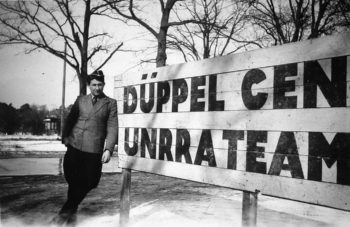 An unidentified young man standing outside the Duppel DP Camp at Schlachtensee in Berlin, 1946/47.
 (Courtesy Ariane Joachim)