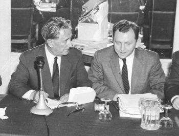 Saul Kagan, founding executive director of the Claims Conference, right, talking to Nahum Goldmann, founder and longtime president of the World Jewish Congress, 1958. 
 (Courtesy Claims Conference)