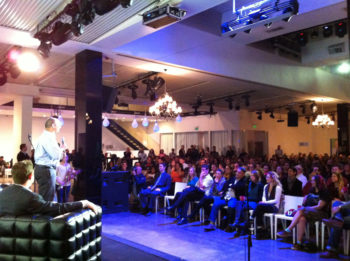 Naftali Bennett, head of the Jewish Home party, speaking at the Tel Aviv International Salon in front of a crowd of English-speaking immigrants in Tel Aviv, Dec. 23, 2012.  (Courtesy Tel Aviv International Salon)