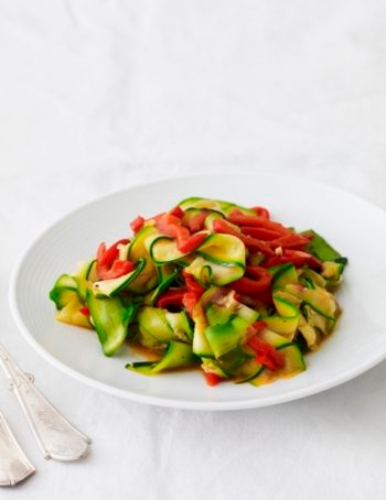 Zucchini and Red Bell Pepper Saute is simple to make, and pleasing to the eye and the palate. (Courtesy Joy of Kosher with Jamie Geller)