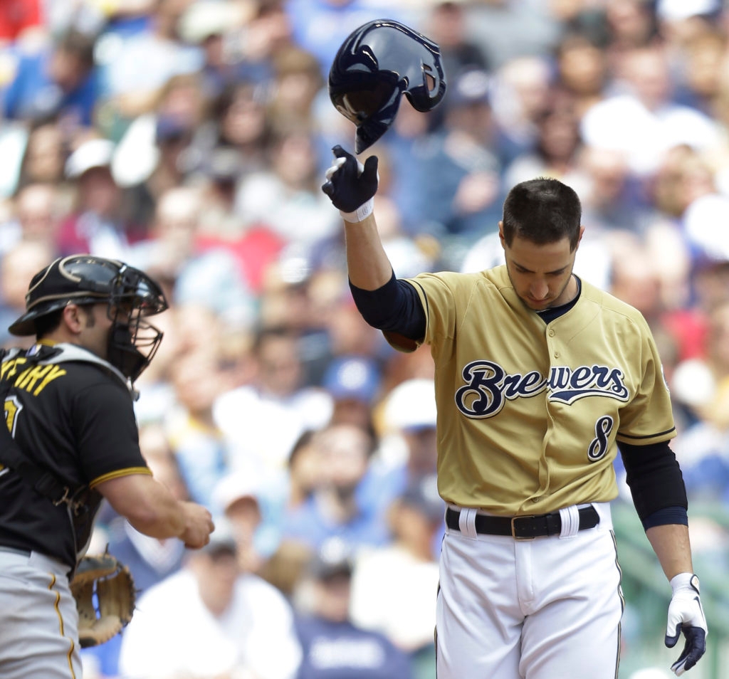  Ryan Braun of the Milwaukee Brewers won't be throwing any more helmets this season following his suspension for violating Major League Baseball's drug policy. His tirade here came after striking out in a game against the Pittsburgh Pirates at Miller Park in Milwaukee, May 26, 2013. (Mike McGinnis/Getty Images)