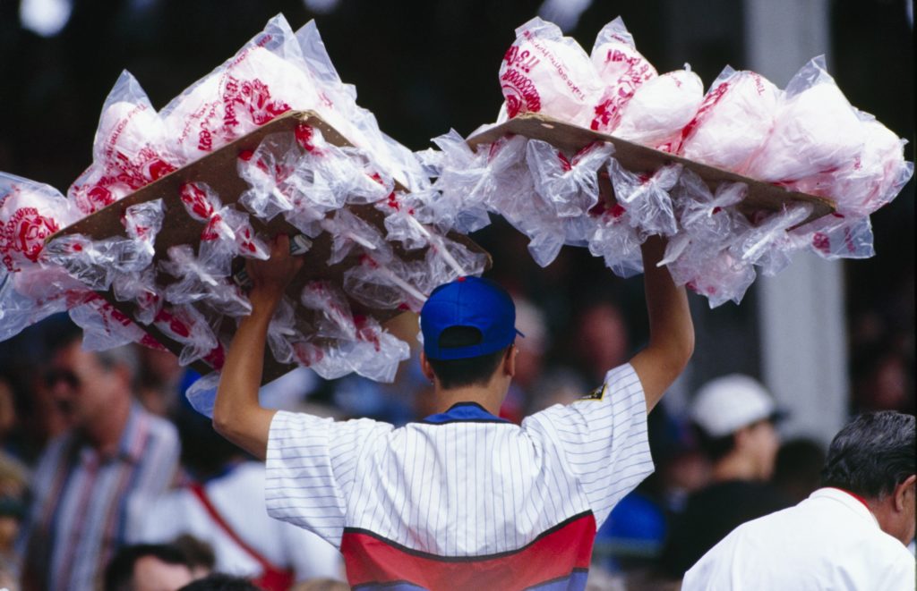 A cotton candy vendor roams the Wrigley Field stands in 1994. (Jonathan Daniel/Getty Images)