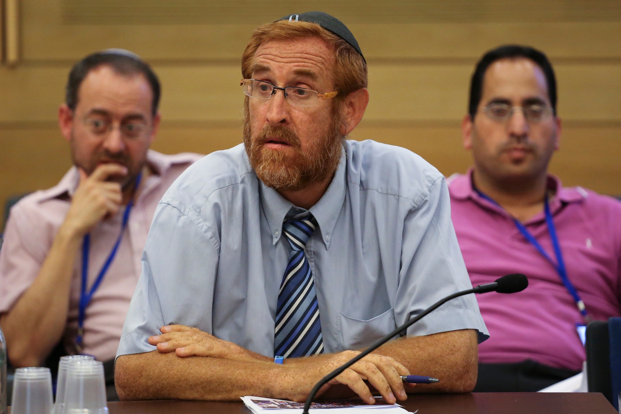 Right-wing activist, Yehuda Glick, seen during the Interior Affairs Committee meeting discussing visiting rules to the Dome of the Rock or Temple Mount compound, at the Knesset, on June 23, 2014. (Hadas Parush/Flash90) 