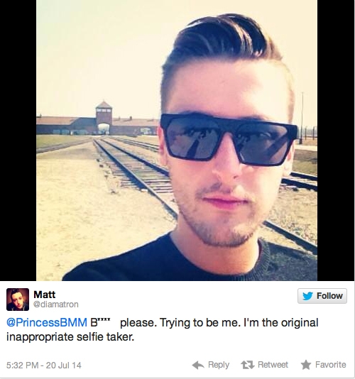 Twitter users like @diamatron, seen taking a selfie at a concentration camp in Poland, have provoked widespread criticism. 