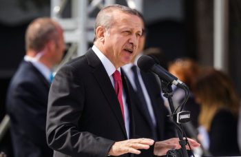 Turkish President Recep Tayyip Erdogan speaks during the Turkish International Ceremony at Mehmetcik Abidesi Martyrs Memorial on April 24, 2015, near Seddulbahir Turkey. (Carsten Koall/Getty Images)