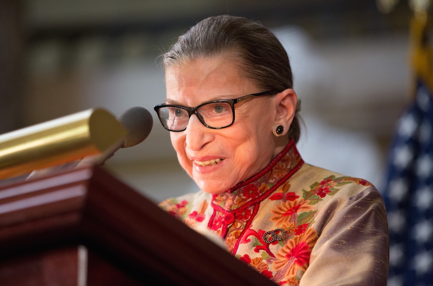 U.S. Supreme Court Justice Ruth Bader Ginsburg speaks at an annual Women's History Month reception hosted by House Minority Leader Nancy Pelosi in the U.S. Capitol building on Capitol Hill in Washington, March 18, 2015. (Allison Shelley/Getty Images)