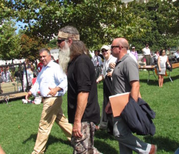 Duck Dynasty's Phil Robertson, center, attending the Tea Party rally against the Iran deal on Sept. 9, 2015. (Ron Kampeas)
