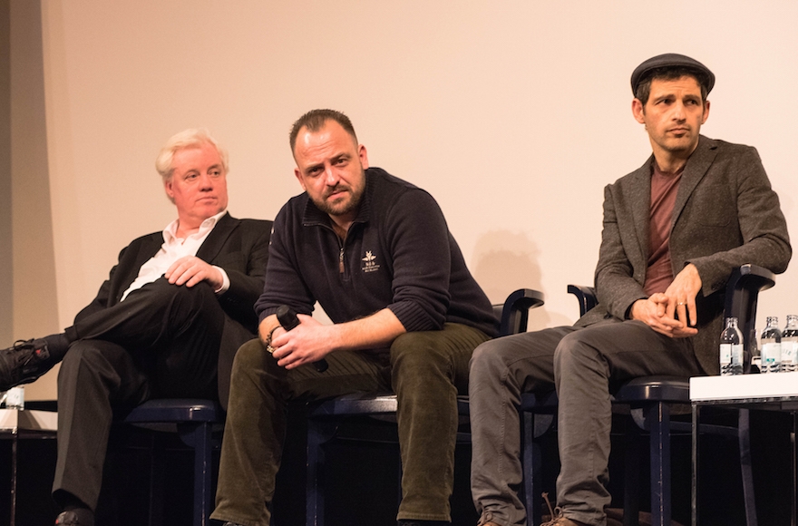 Son Saul lead actor Geza Rohrig, right, with other actors in Berlin, Jan. 26, 2016. (Cnaan Liphshiz)