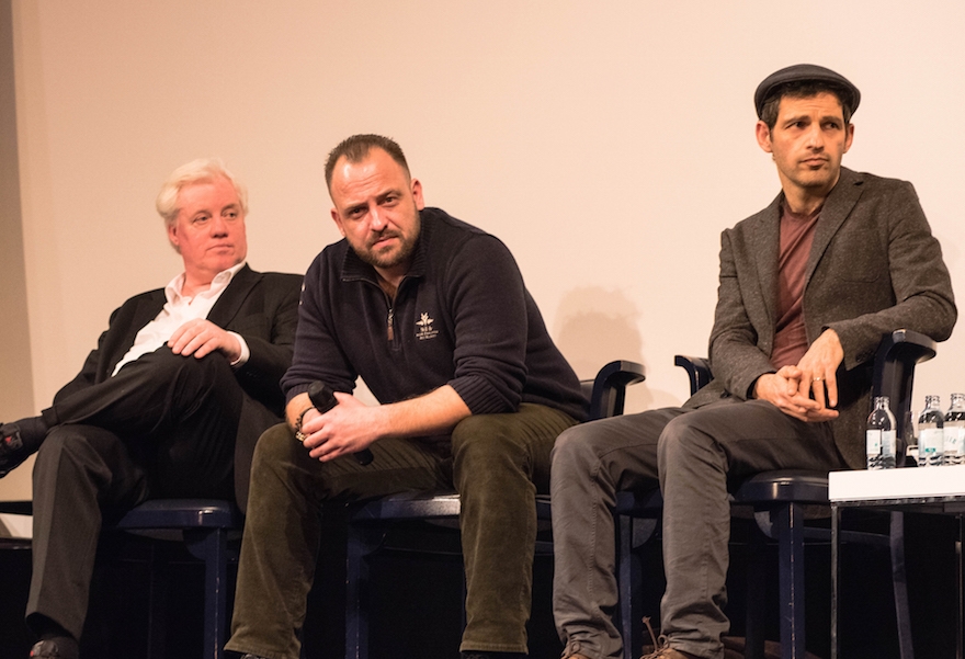 Geza Rohrig, right, and other members of the cast of “Son of Saul” in Berlin, Germany, Jan. 26, 2016. (Cnaan Liphshiz)