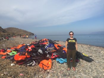 Vayntrub on the beach in Lesbos, where she aided refugees arriving on shore. (Courtesy of Milana Vayntrub/Can't Do Nothing) 
