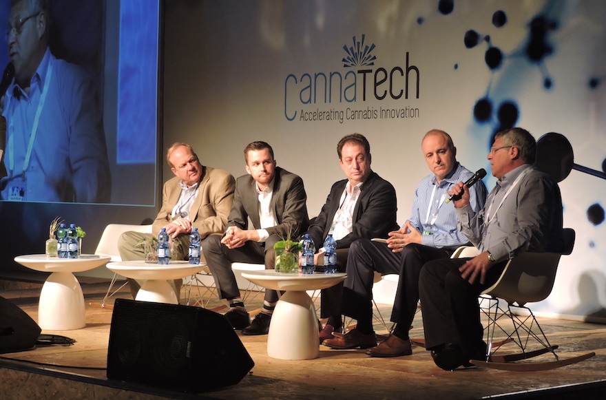 A panel of investors discussing the cannabis market at CannaTech, Israel's first-ever international cannabis technology conference, March 7, 2016. (Ben Sales)