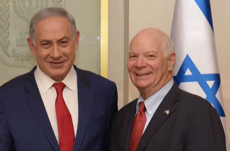 Senator Ben Cardin, D-Md., posing with Israeli Prime Minister Benjamin Netanyahu in Jerusalem, March 30, 2016. (Courtesy of U.S. Senate)