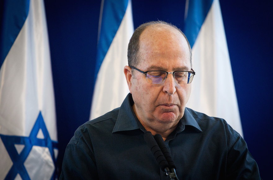 Outgoing Defense Minister Moshe Yaalon speaking at a press conference in which he announced his resignation from the Knesset, at the Kirya in Tel Aviv, May 20, 2016. (Miriam Alster/Flash90)
