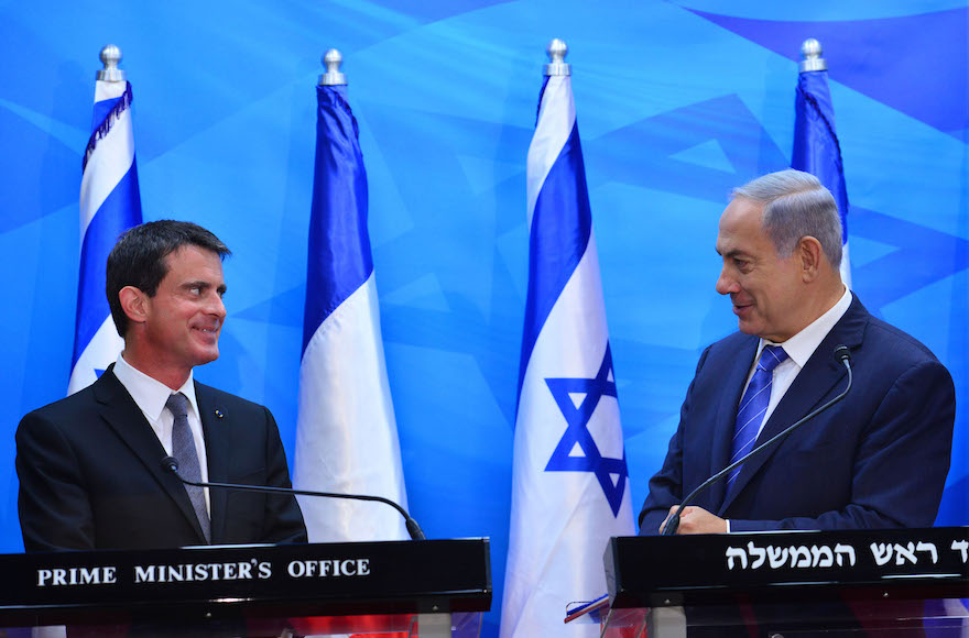 Israeli Prime Minister Benjamin Netanyahu meeting with French Prime Minister Manuel Valls in Jerusalem, May 23, 2016. (Kobi Gideon/GPO via Getty Images)