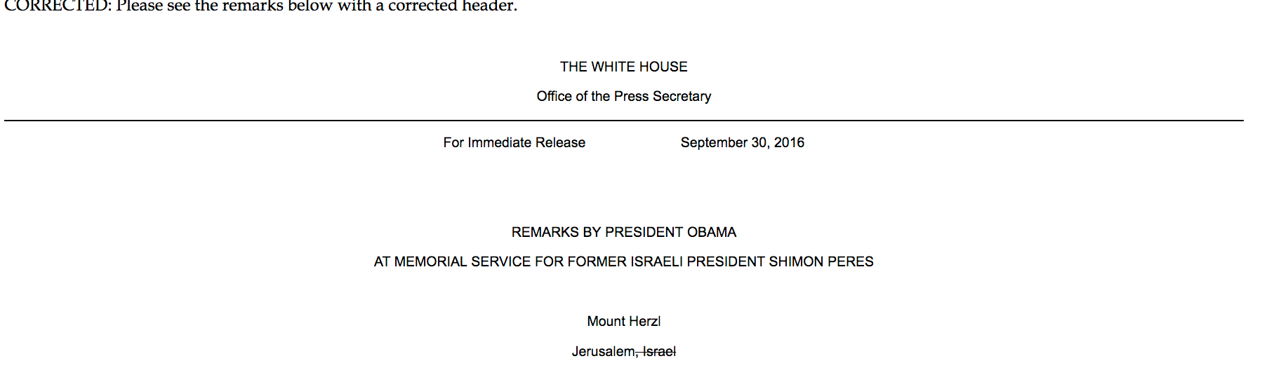 A White House email strikes "Israel" from a Jerusalem dateline on Sept. 30 2016 (Screenshot)