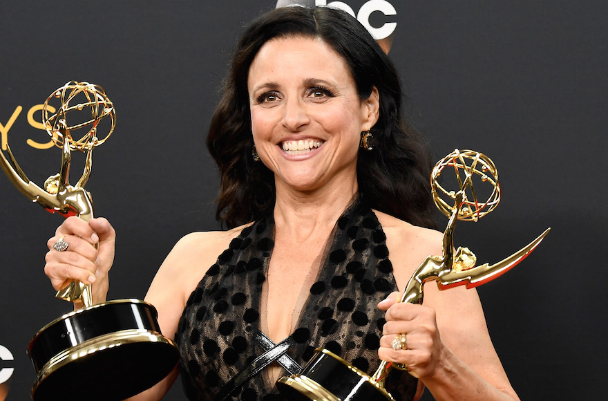Julia Louis-Dreyfus, winner of Best Actress in a Comedy Series and Best Comedy Series for "Veep", posing in the press room during the 68th Annual Primetime Emmy Awards in Los Angeles, Cali., Sept. 18, 2016. (Frazer Harrison/Getty Images)