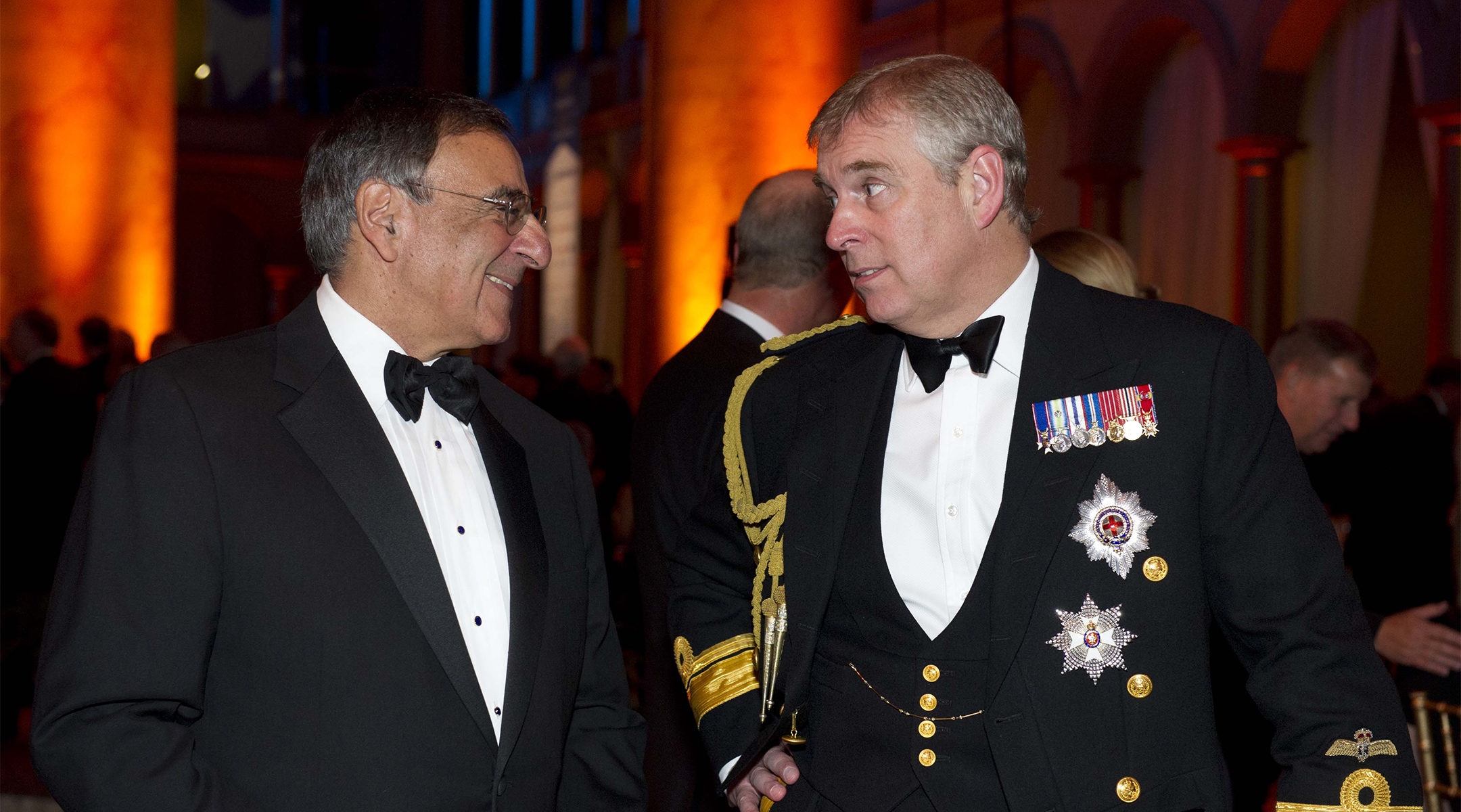 Prince Andrew speaking with former US secretary of defense Leon Panetta at the National Building Museum in Washington, D.C., United States on Dec. 1, 2011. (Department of Defense)