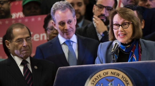 Oregon Attorney General Ellen Rosenblum speaks at a press conference to announce a multi-state lawsuit to block the Trump administration from adding a question about citizenship to the 2020 Census form in New York City on April 3, 2018. (Drew Angerer/Getty Images)