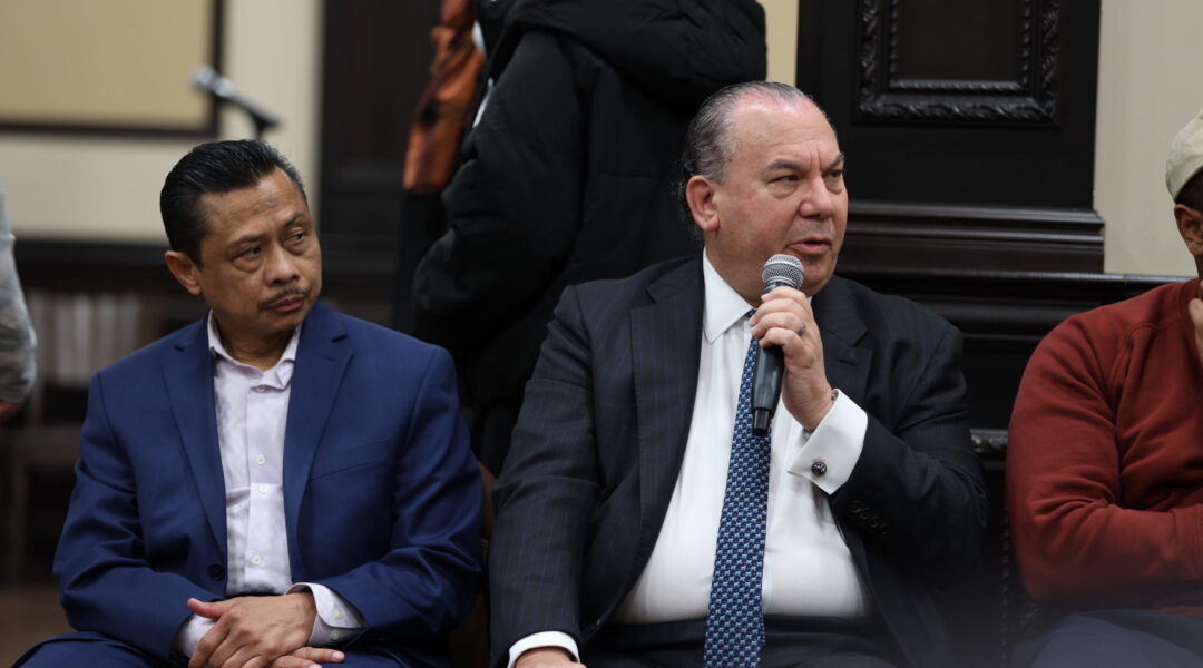 Imam Shamsi Ali, left, and Rabbi Marc Schneier, right, at Queens College in New York, November 16, 2023. (Courtesy of The Foundation for Ethnic Understanding)