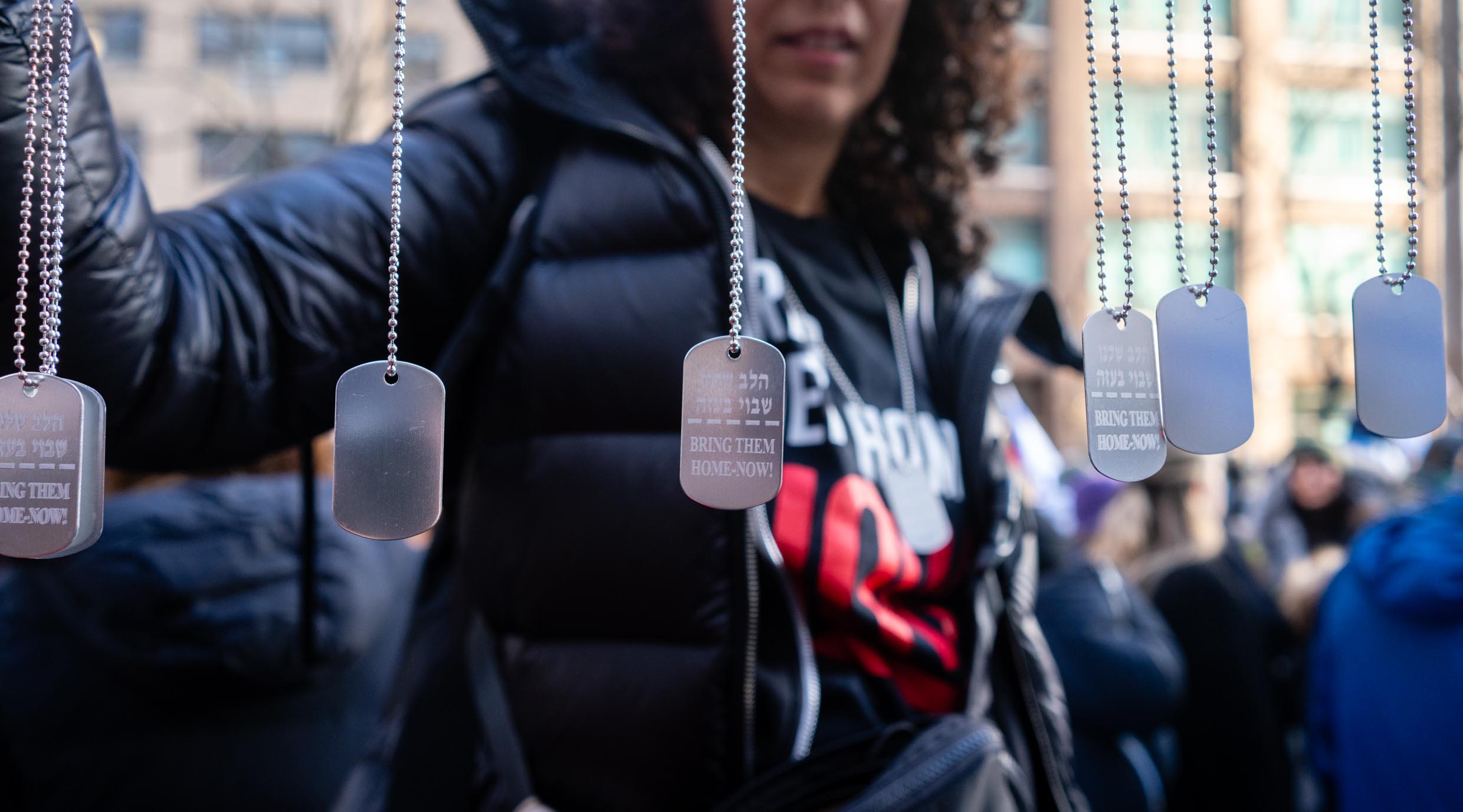 Dog tags in support of Hamas hostages at a rally near the U.N., Jan. 12, 2024. (Luke Tress)
