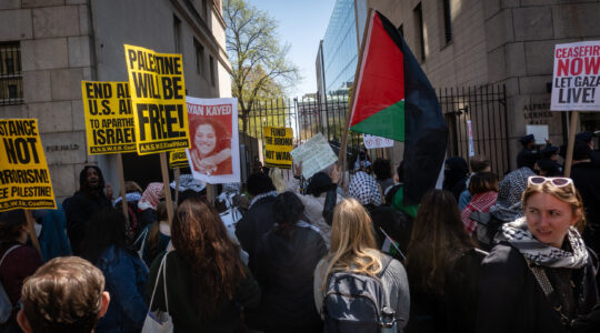 Pro-Palestinian protesters outside of Columbia University, April 22, 2024. (Luke Tress)