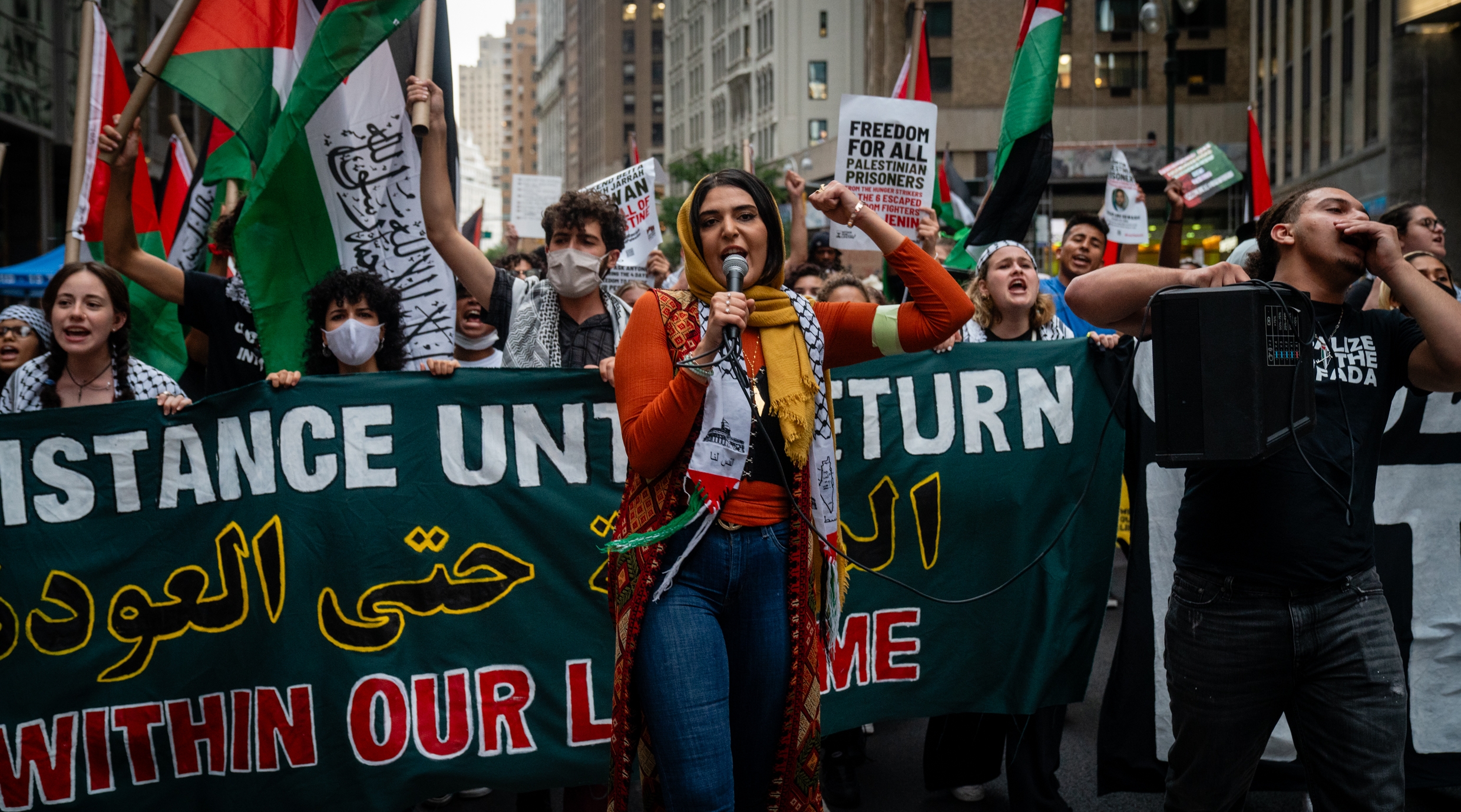 Nerdeen Kiswani, the leader of Within Our Lifetime, at a protest in Manhattan on September 17, 2021. (Luke Tress)