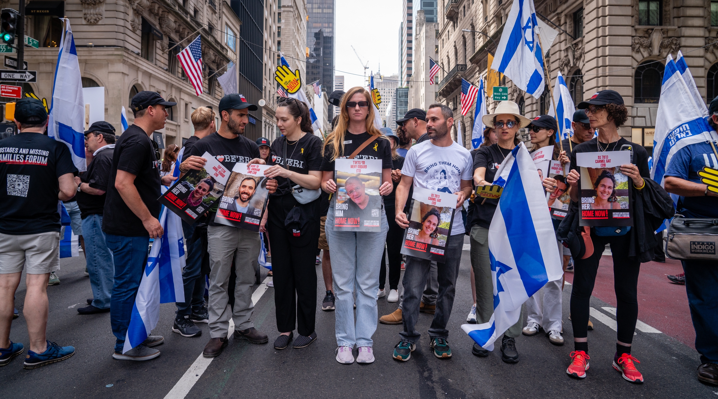 A delegation from kibbutz Be'eri, one of the communities hardest-hit in the Oct. 7 invasion of Israel, at the annual Israel parade in New York City, June 2, 2024. (Luke Tress)
