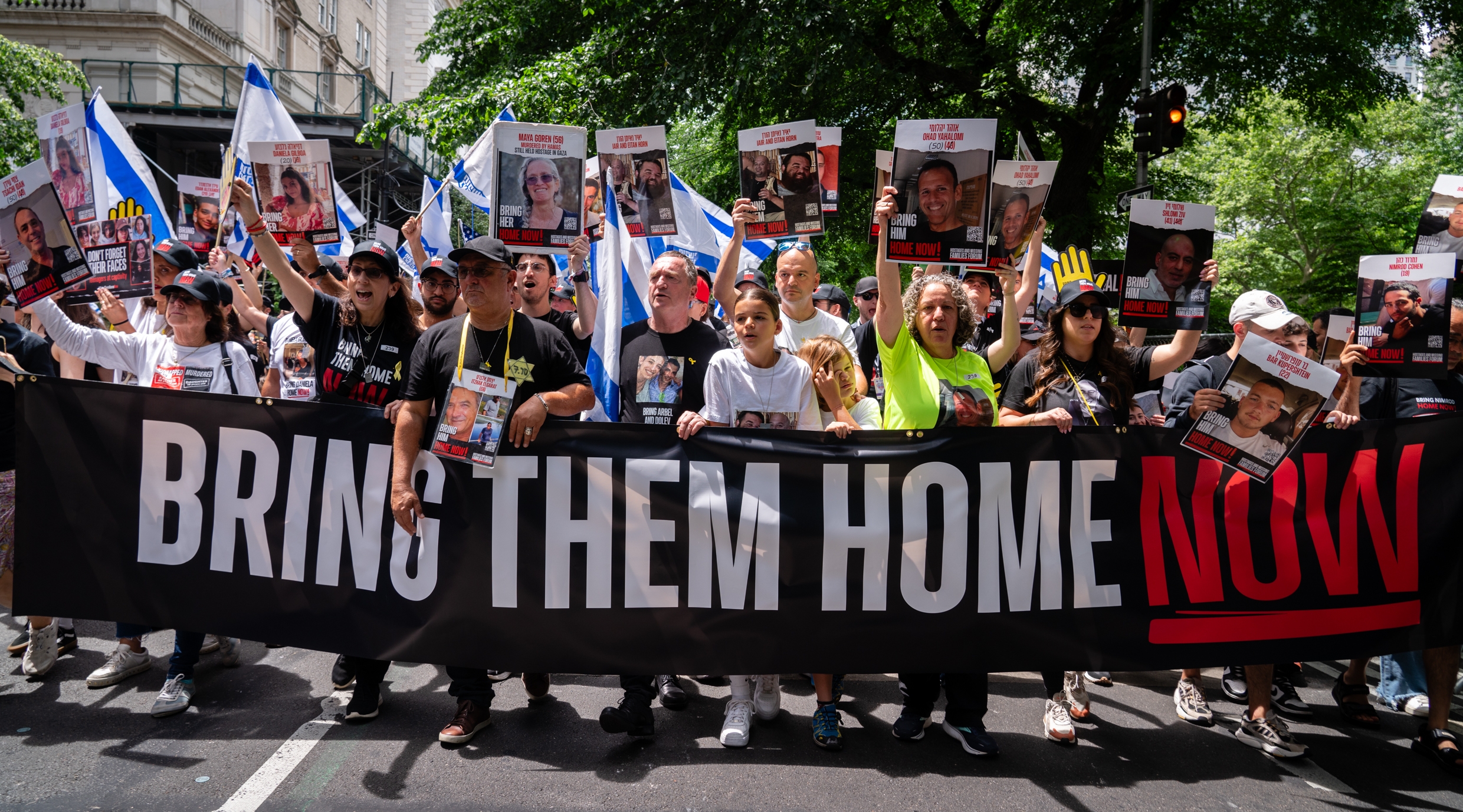 Marchers call for the release of hostages in Gaza at the annual Israel parade in New York City, June 2, 2024. (Luke Tress)