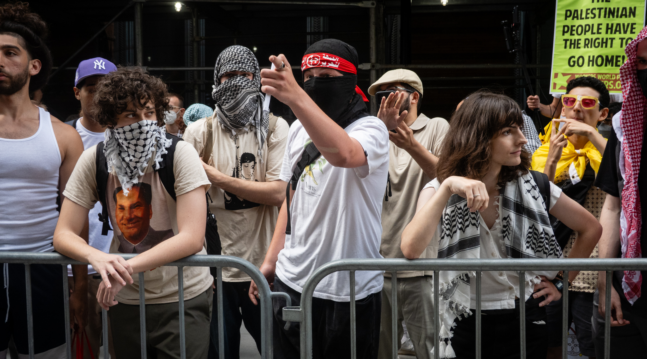 A protester wearing the headband of the PFLP terror group at Baruch College in New York City, June 6, 2024. (Luke Tress.