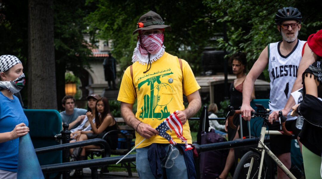 A man wearing a Hezbollah shirt at an anti-Israel protest in Union Square, June 10, 2024. (Luke Tress)