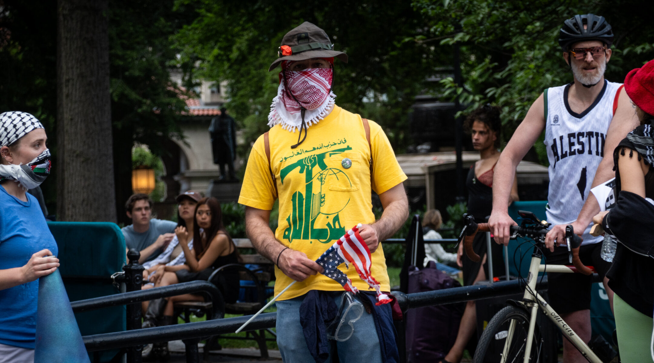 A man wearing a Hezbollah shirt at an anti-Israel protest in Union Square, June 10, 2024. (Luke Tress)
