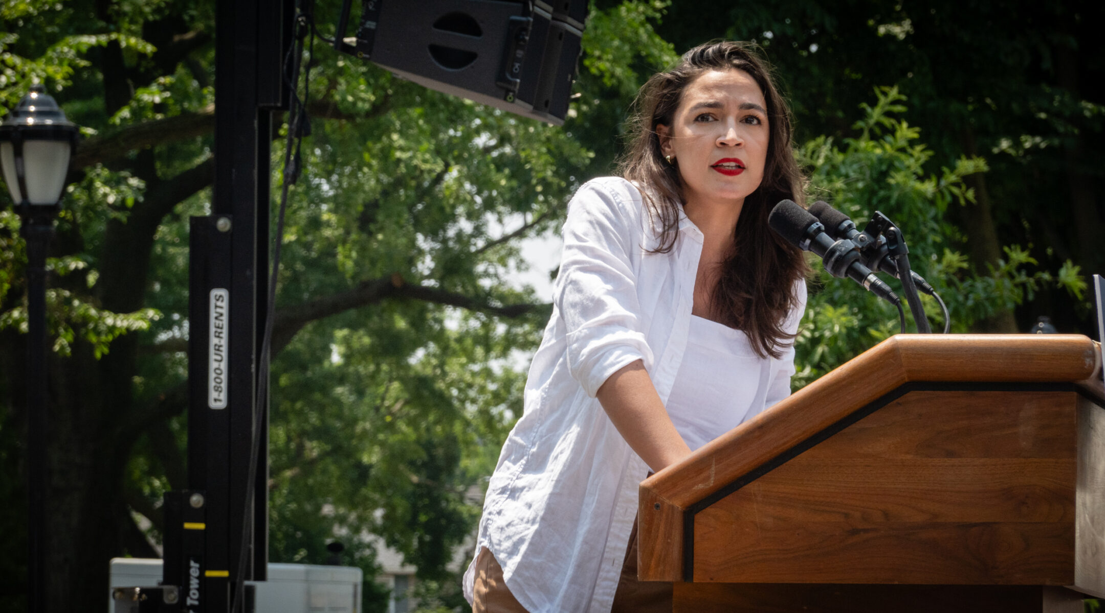 New York Rep. Alexandria Ocasio-Cortez at a campaign rally in the Bronx, June 22, 2024. (Luke Tress)