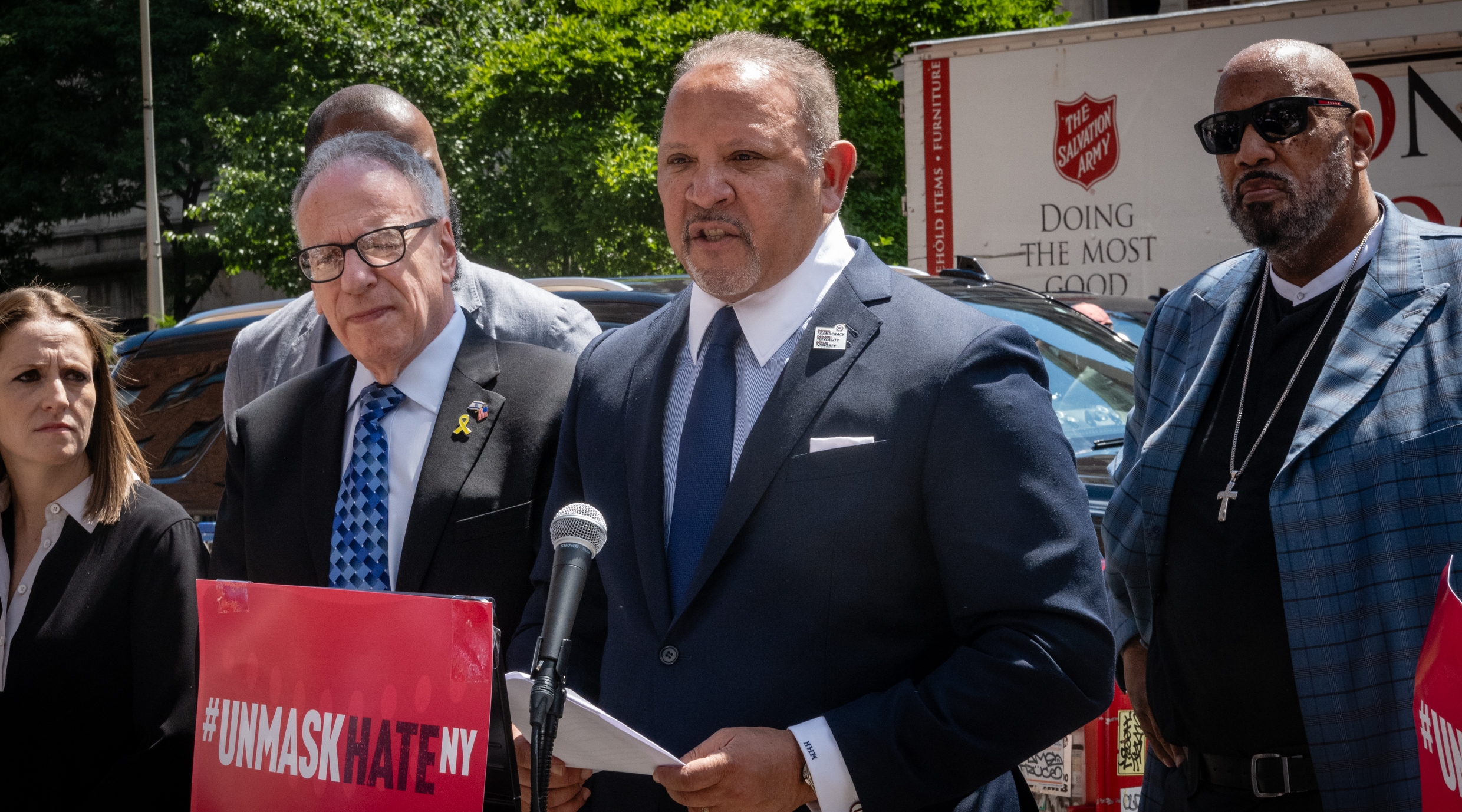 Marc Morial, head of the National Urban League, speaks in support of anti-masking legislation at a press conference outside Columbia University in Manhattan, June 27, 2024. (Luke Tress)