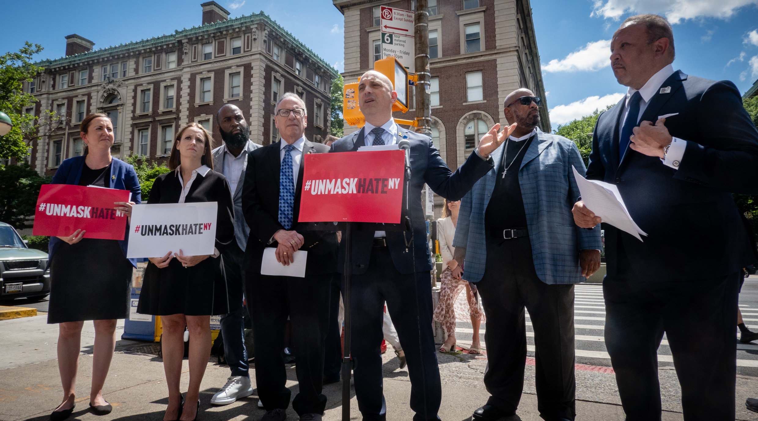 ADL chief Jonathan Greenblatt speaks in support of anti-masking legislation at a press conference outside Columbia University in Manhattan, June 27, 2024. (Luke Tress)