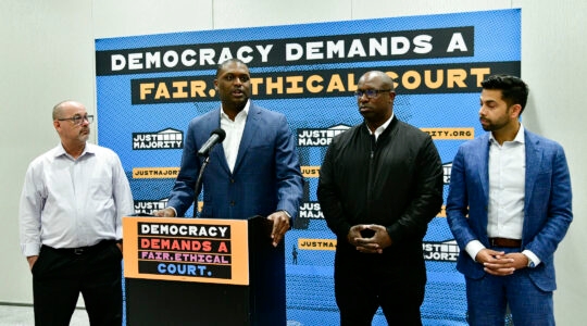 Mondaire Jones speaks at an anti-gun violence event in April 2023,c with Jamaal Bowman on his left. (Eugene Gologursky/Getty Images for Just Majority)