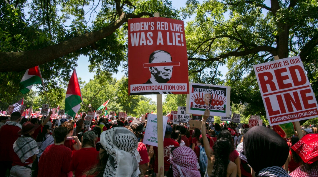 Thousands of pro-Palestinian demonstrators wearing red clothes surrounded the White House with a long red banner symbolizing President Biden's 'red line' regarding an Israeli invasion of Rafah. (Probal Rashid/LightRocket via Getty Images)