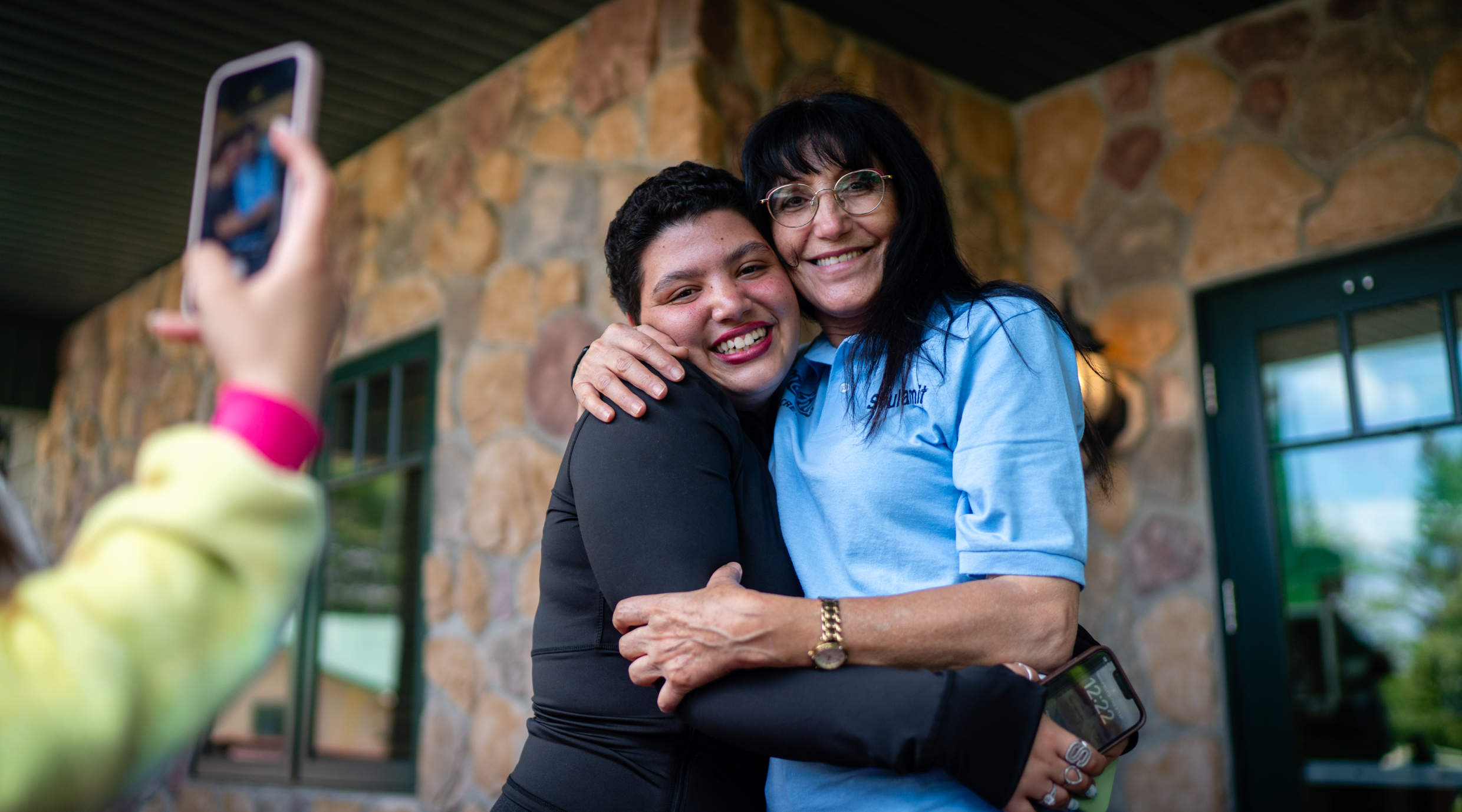 Shira Tshuva and her nurse Shulamit Amir in Camp Simcha, July 3, 2024. (Luke Tress)