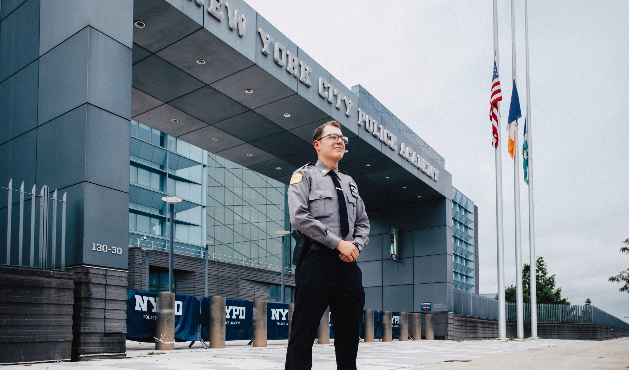 NYPD recruit Allan Pearlman outside the police academy. (Courtesy)