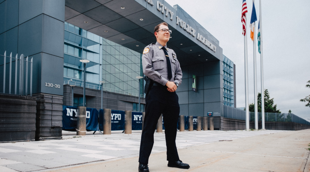 NYPD recruit Allan Pearlman outside the police academy. (Courtesy)