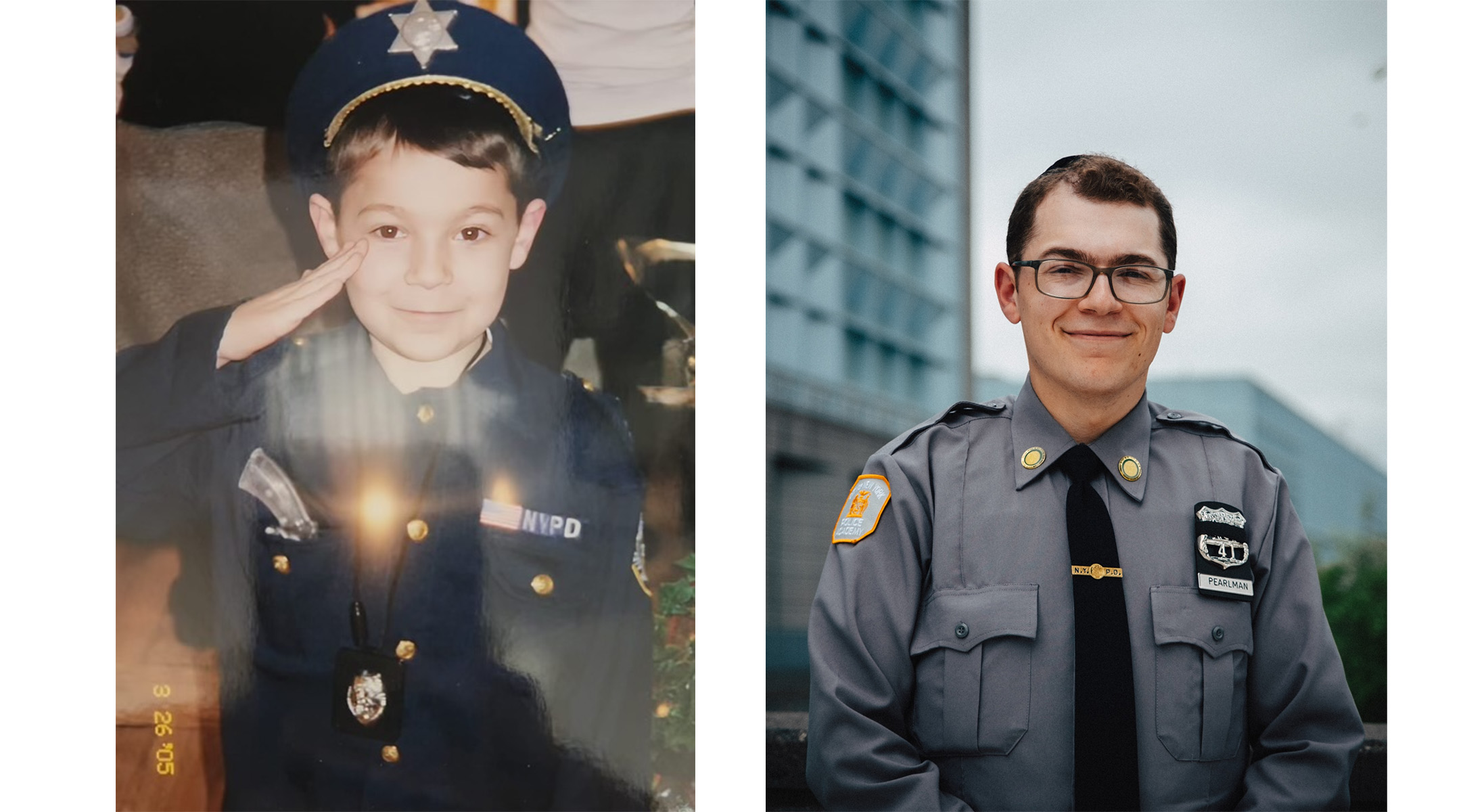 Left: Allan Pearlman dressed in a police costume as a child. Right: Pearlman as an NYPD recruit. (Courtesy)