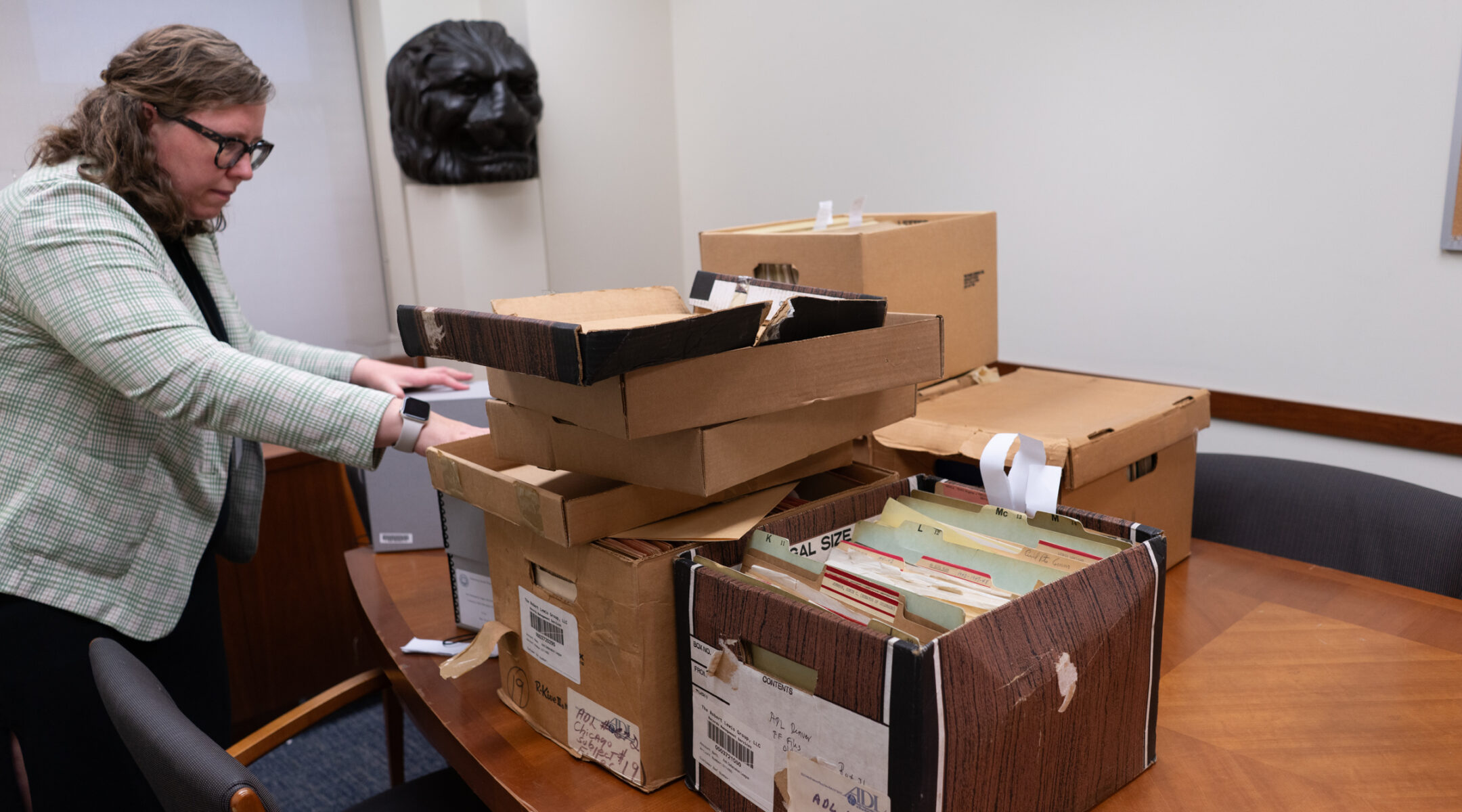 Archivist Sarah Hopley at the office of the American Jewish Historical Society in New York City, August 7, 2024. (Luke Tress)