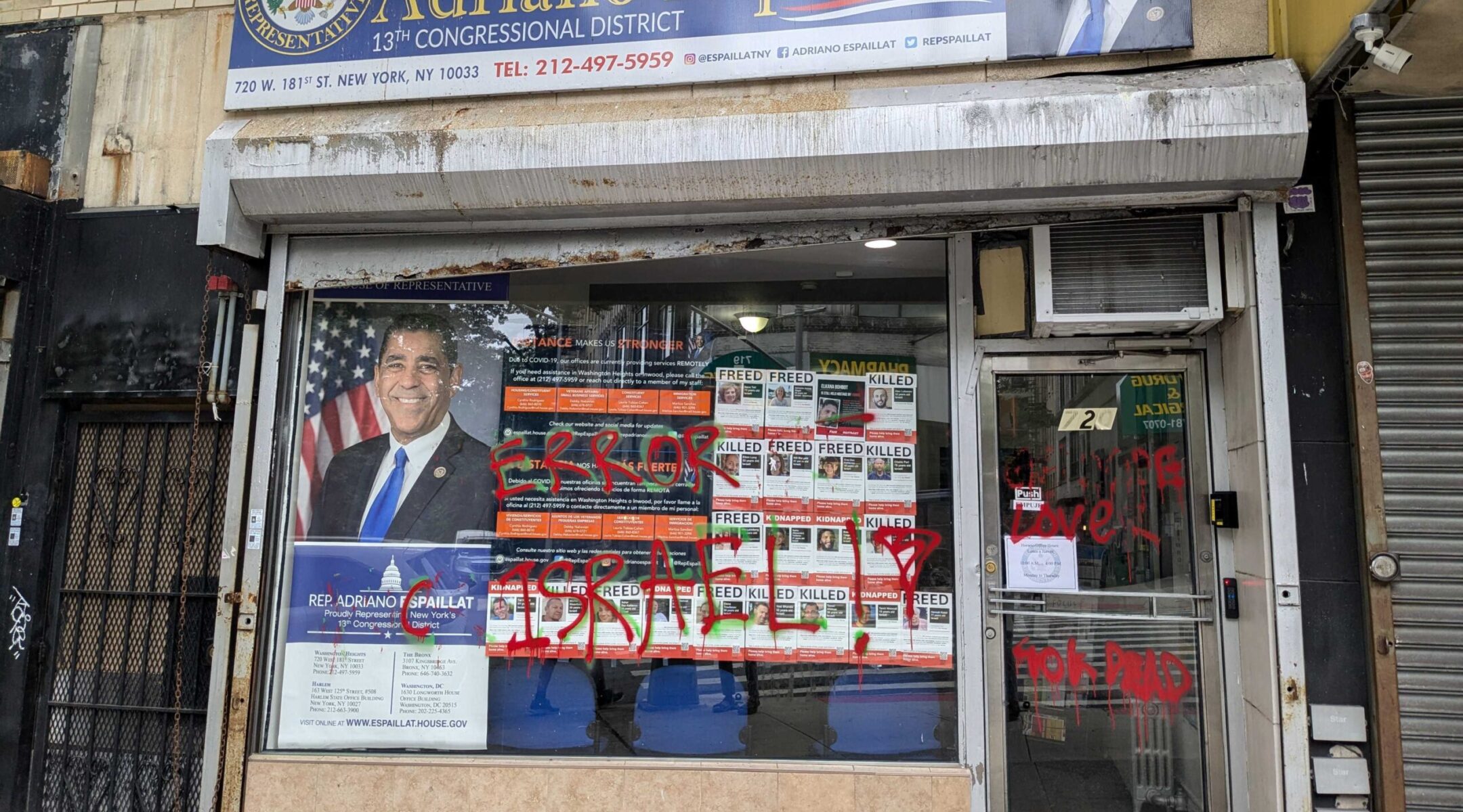 The Manhattan office of New York Rep. Adriano Espaillat vandalized with anti-Israel graffiti, Sept. 27, 2024. (Ben Sales)