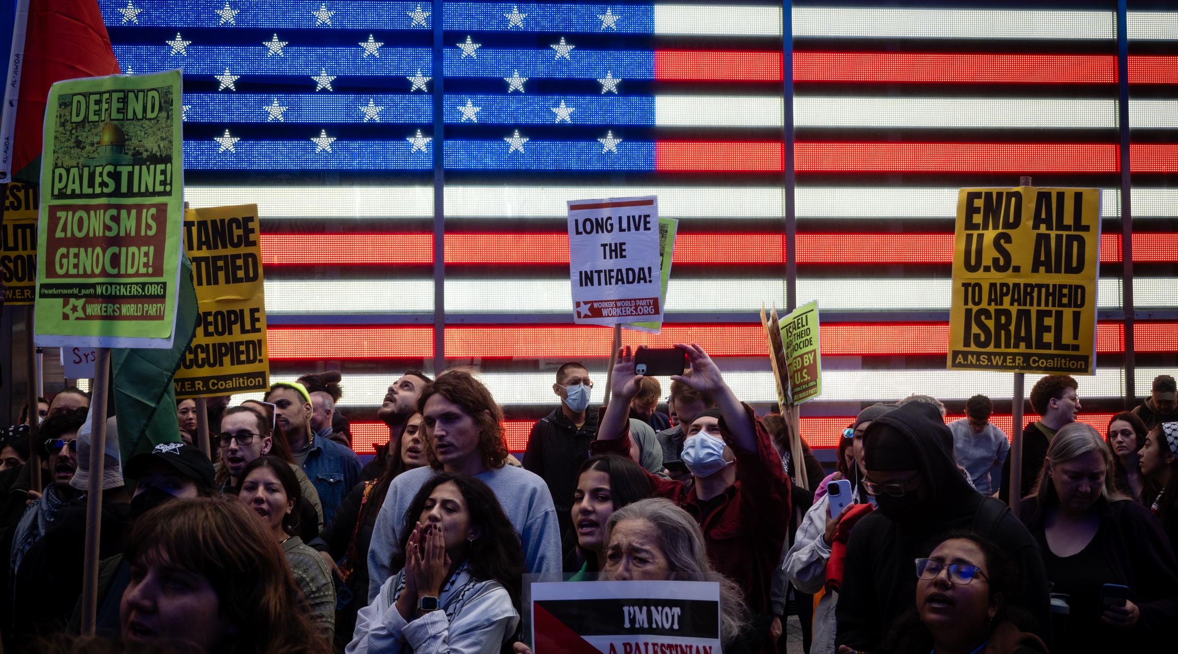 The day after the Hamas invasion of Israel, hundreds gathered in support of the attack in Times Square, infuriating and unnerving the Jewish community, Oct. 8, 2023. (Luke Tress)