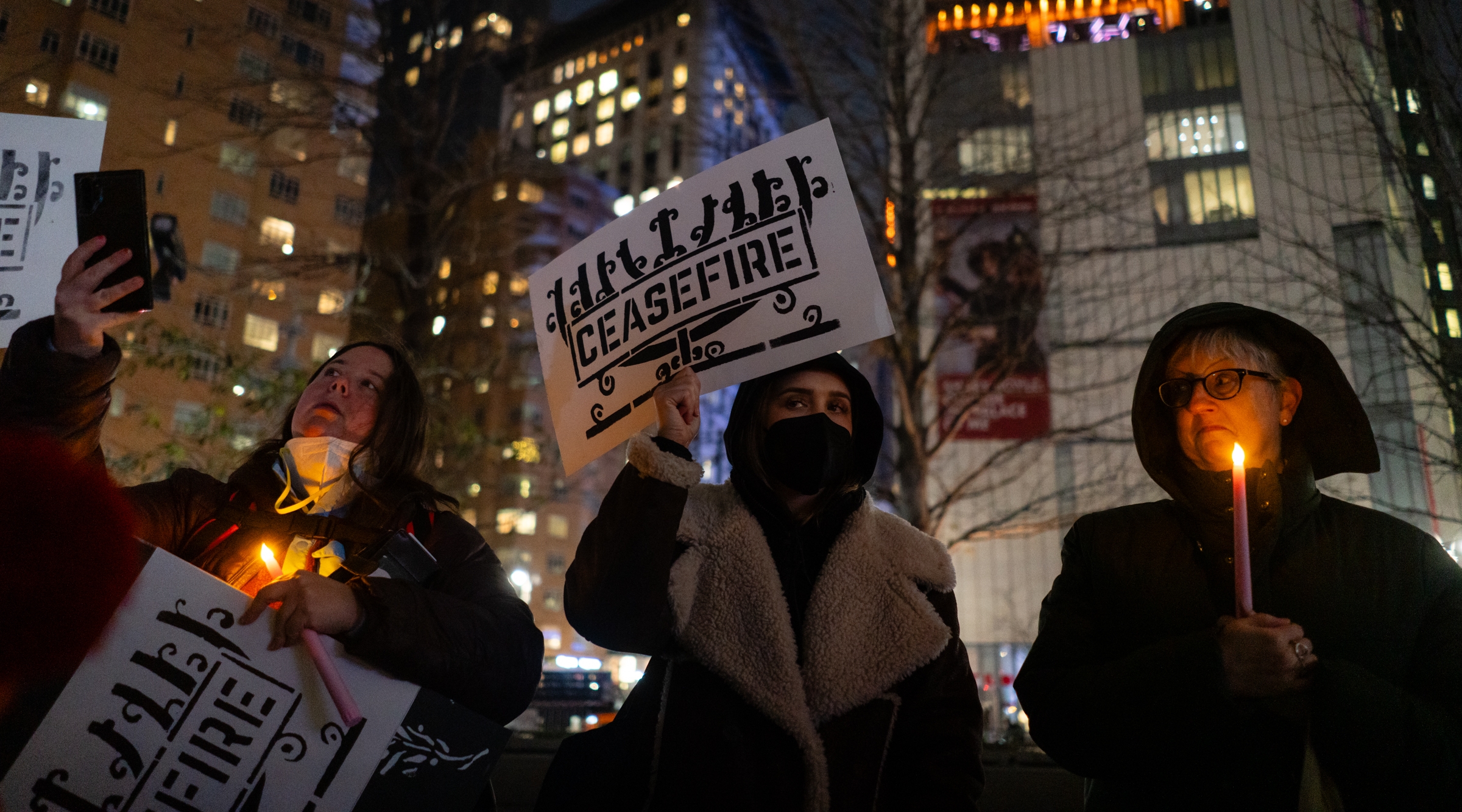 Left-wing Jews split from the mainstream, demanding a ceasefire at a Hannukah rally in Columbus Circle, Dec. 7, 2024. (Luke Tress)