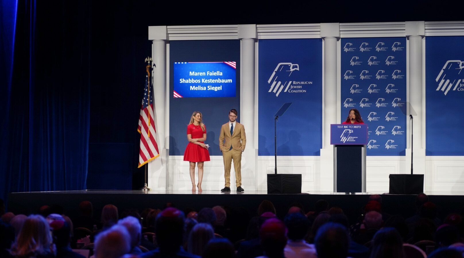 Shabbos Kestenbaum, center, on stage at the Republican Jewish Coalition's annual convention in Las Vegas, Sept. 5, 2024. (Luke Tress)