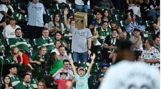 Fan with paper bag over his head