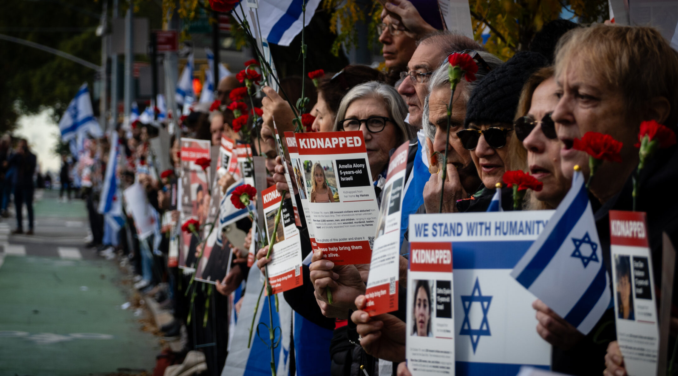 A rally in support of hostages outside the United Nations.